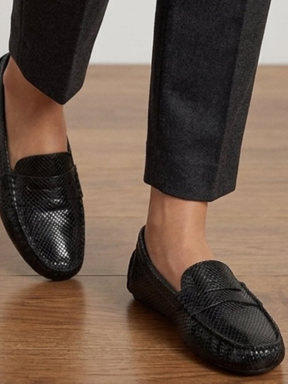Lauren Ralph Lauren Black Textured Leather Penny Loafers